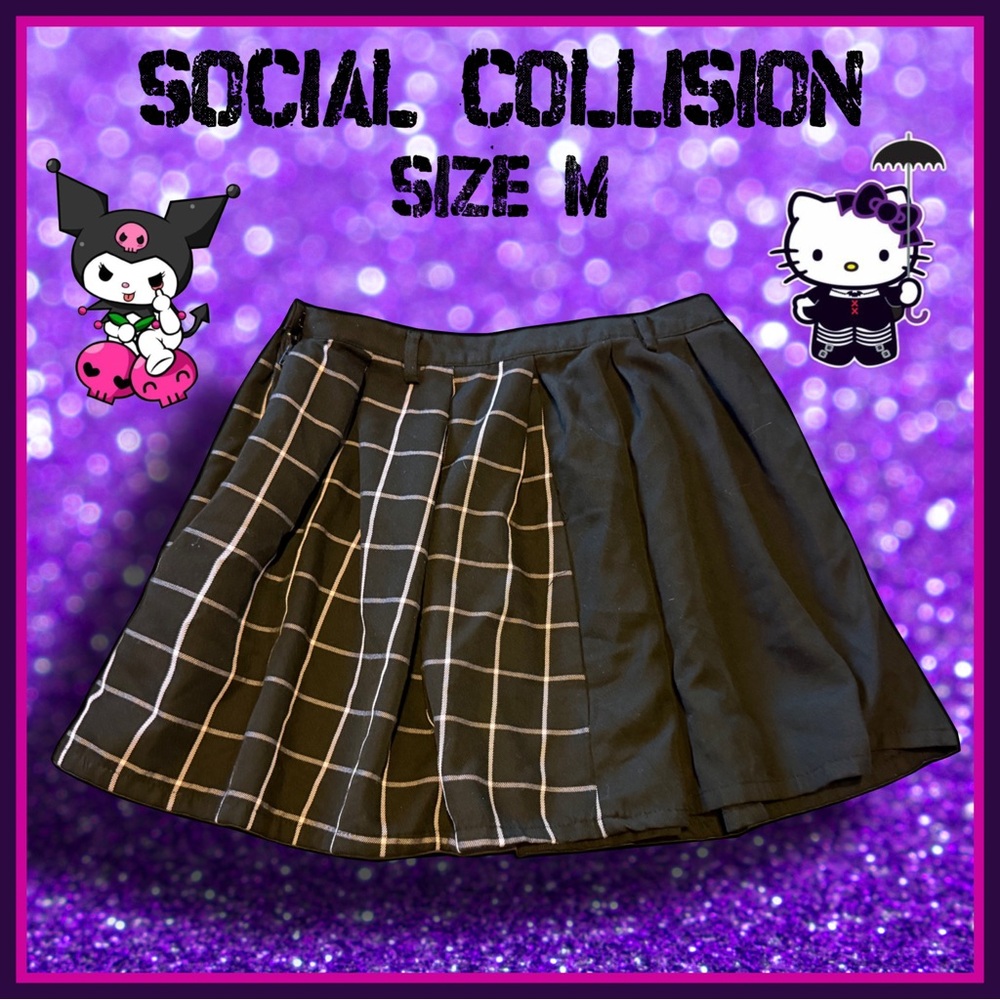 SOCIAL COLLISION black and purple plaid pleated mini SKIRT size M